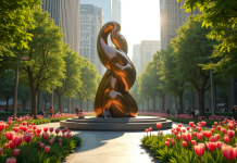 Grande sculpture en bronze dans un parc urbain entourée de fleurs