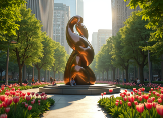 Écologie : avantages et inconvénients du bronze dans l’environnement Grande sculpture en bronze dans un parc urbain entourée de fleurs