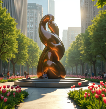 Écologie : avantages et inconvénients du bronze dans l’environnement Grande sculpture en bronze dans un parc urbain entourée de fleurs