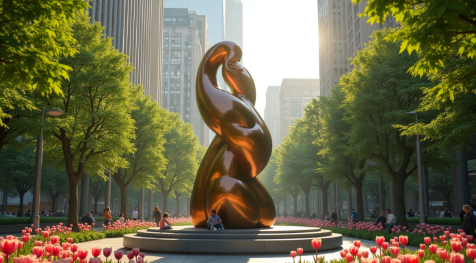 Grande sculpture en bronze dans un parc urbain entourée de fleurs