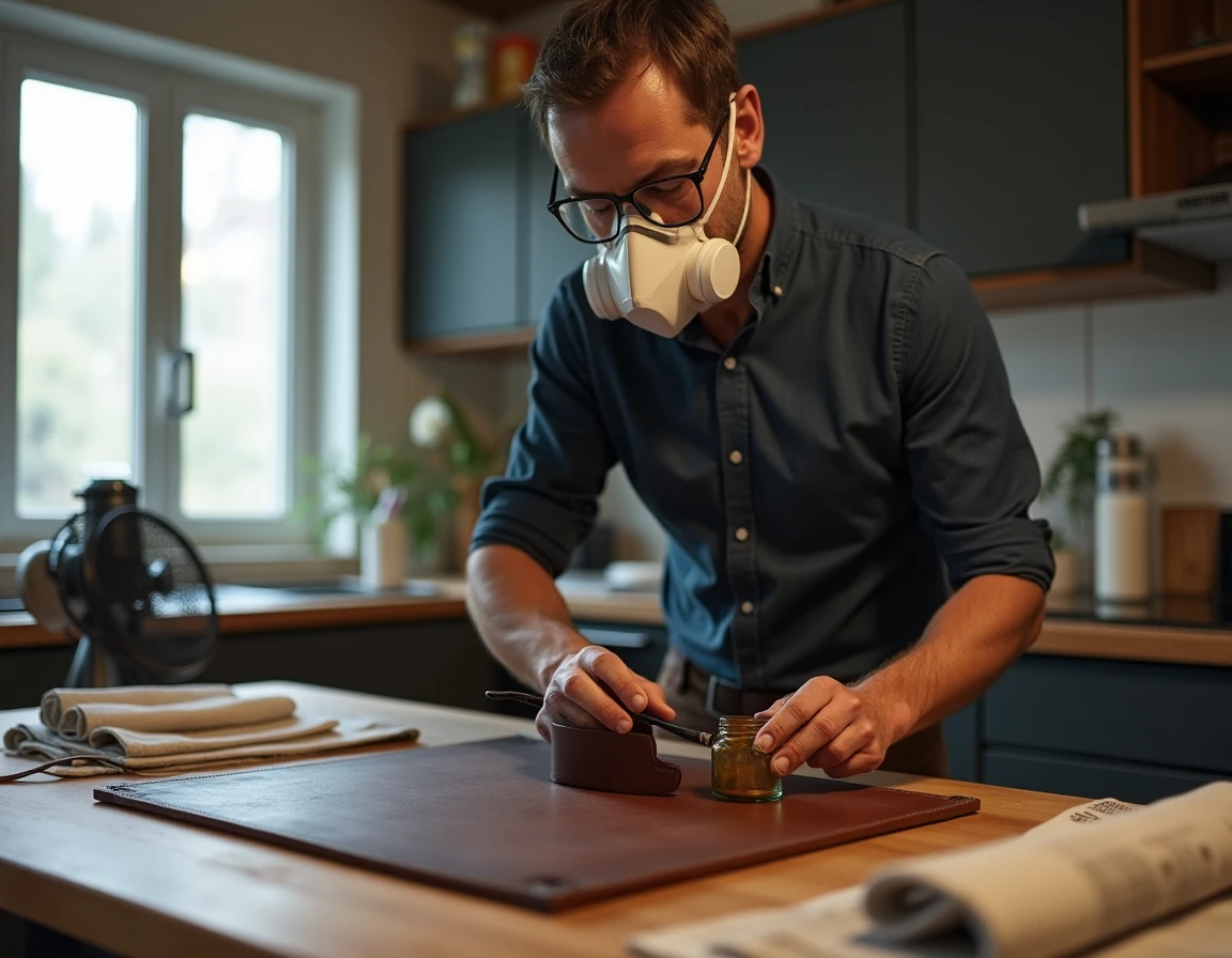 Homme équipé d'un masque respiratoire appliquant une teinture sur une ceinture en cuir avec les bons équipements de sécurité