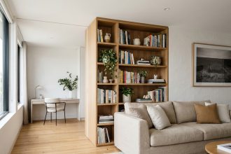 Bibliothèque ouverte utilisée comme séparation entre salon et espace bureau dans un appartement moderne sans travaux