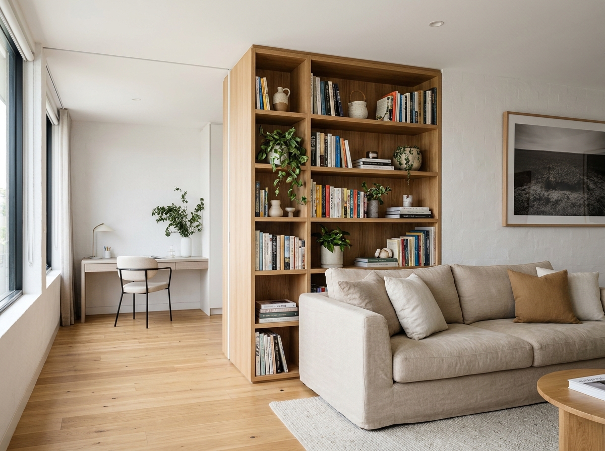 Bibliothèque ouverte utilisée comme séparation entre salon et espace bureau dans un appartement moderne sans travaux