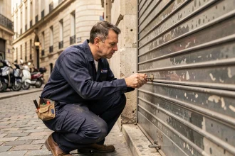 Serrurier professionnel inspectant un rideau métallique sur une devanture commerciale à Paris 10ème