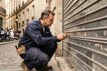 Serrurier professionnel inspectant un rideau métallique sur une devanture commerciale à Paris 10ème
