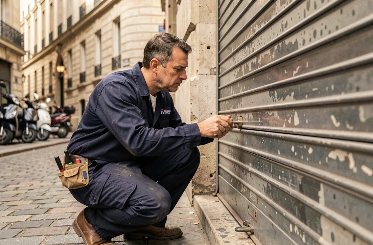 Serrurier professionnel inspectant un rideau métallique sur une devanture commerciale à Paris 10ème