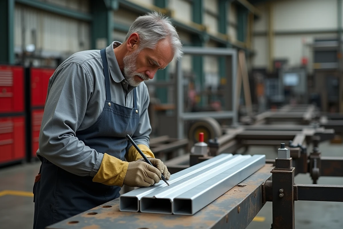 Soudeur mesurant un tube rectangulaire en aluminium dans un atelier de fabrication de remorques, prise de mesure précise avec règle en acier