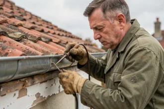 Artisan soudant une gouttière en zinc sur un toit de maison individuelle avec un fer à souder, portant des gants de protection