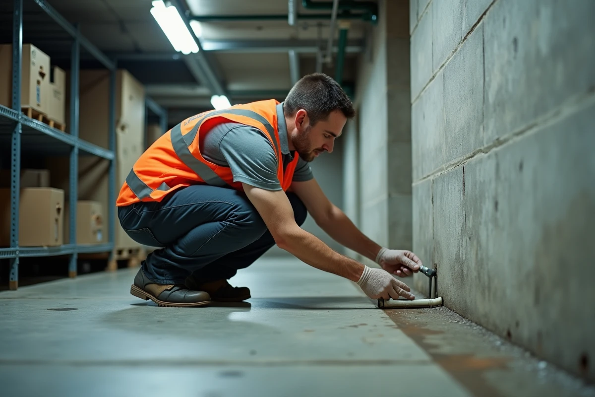 Technicien posant des stations d'appâtage dans la cave d'un immeuble en copropriété lors d'un traitement durable