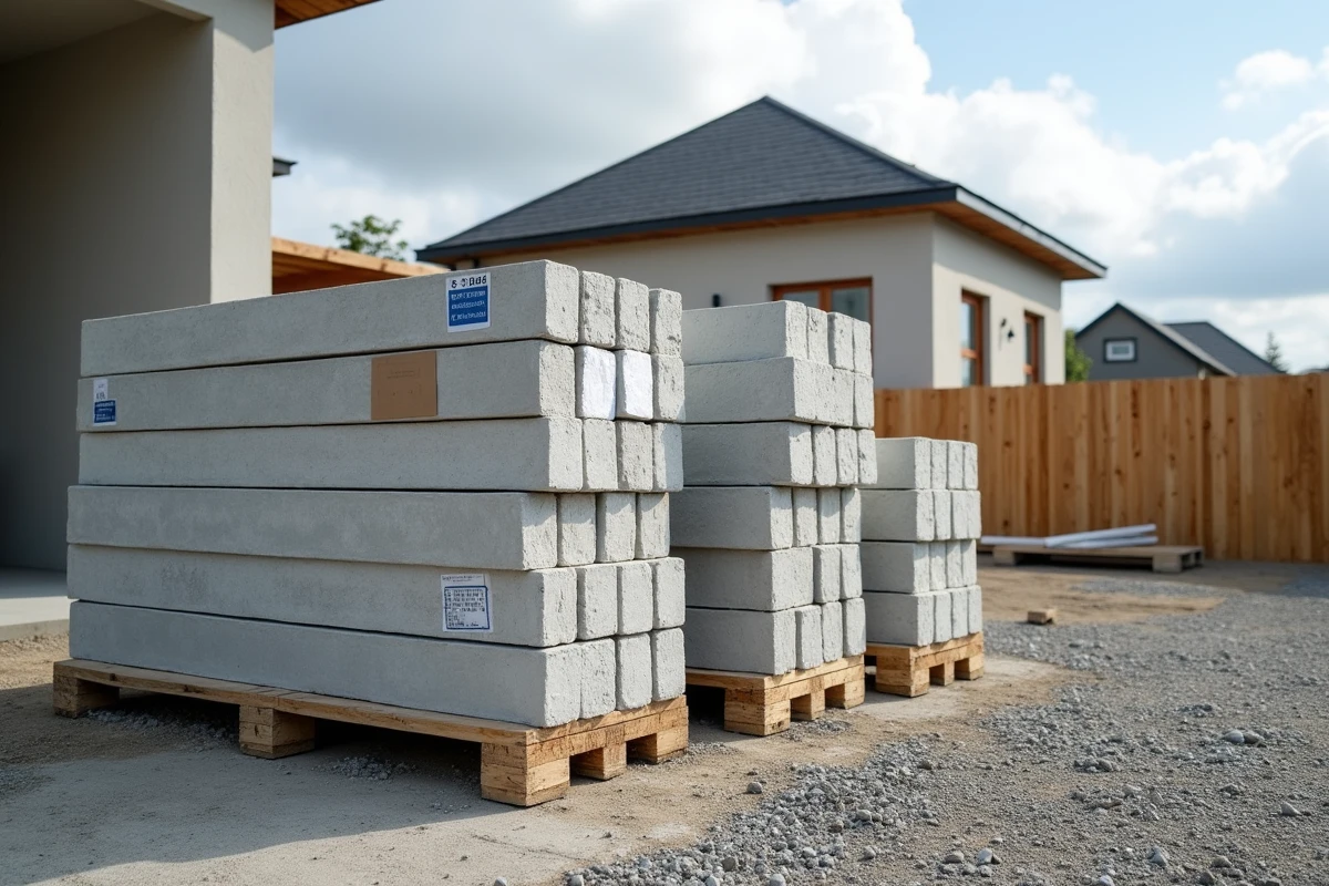 Palettes de poutrelles béton et blocs hourdis stockées sur un chantier de maison neuve avant leur mise en œuvre