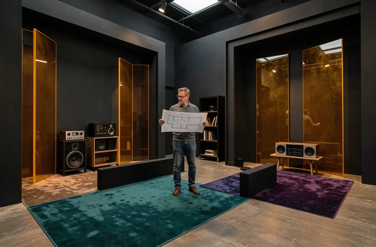 Installation scénographique conçue par Studio Music en Seine-Maritime, mêlant architecture d'intérieur et mise en scène avec panneaux noirs, écrans en résine ambrée et équipements audio vintage