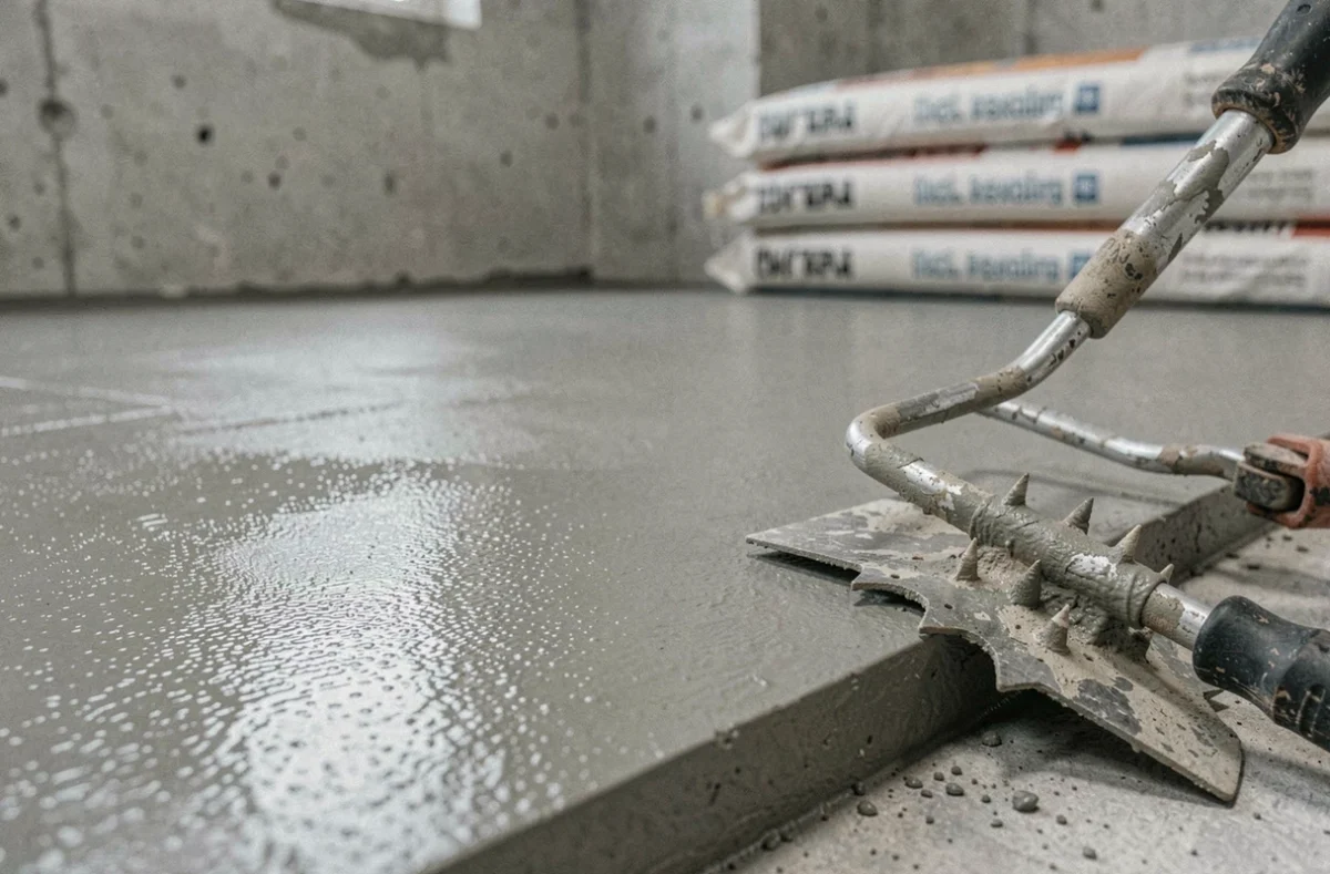 Gros plan sur une surface de ragréage autolissant fraîchement appliquée avec râteau et rouleau à picots posés sur le bord