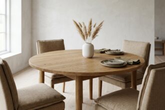 Table ronde en chêne massif avec chaises tapissées beige dans une salle à manger de style scandinave