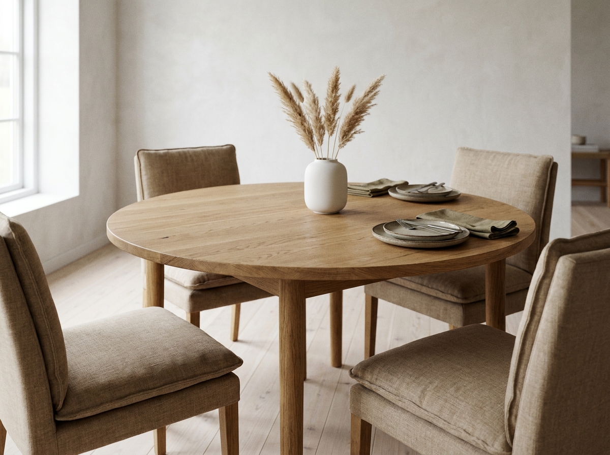 Table ronde en chêne massif avec chaises tapissées beige dans une salle à manger de style scandinave