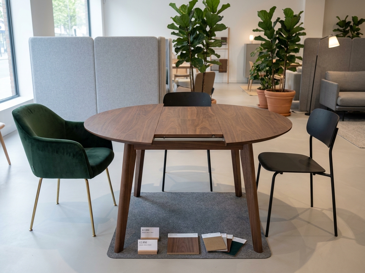 Table ronde extensible en noyer exposée dans un showroom de mobilier contemporain avec fauteuil velours vert