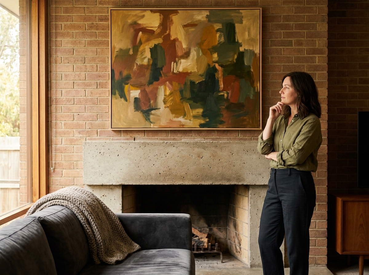 Femme admirant un tableau abstrait encadré au-dessus d'une cheminée en pierre dans un salon de style mid-century