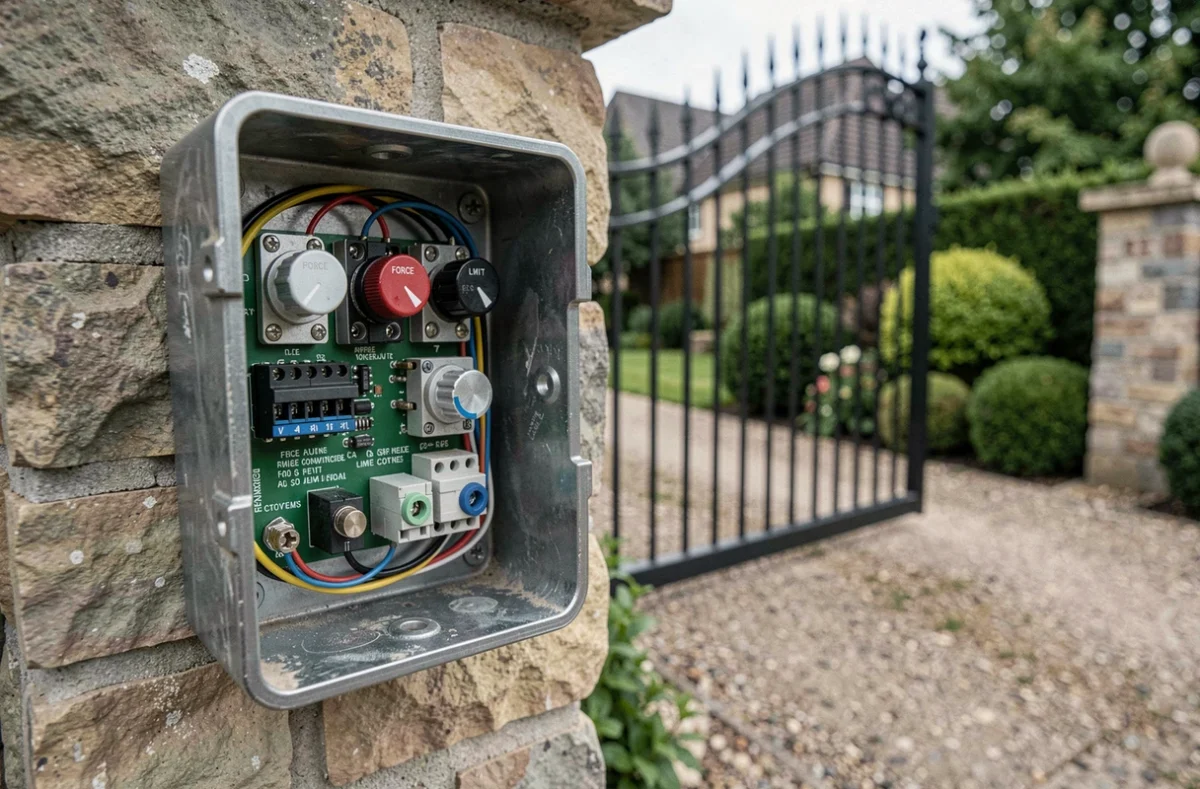 Gros plan sur le tableau de réglage électronique d'un portail automatique avec potentiomètres de force et de fin de course