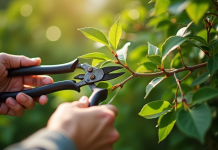 Mains de jardinier taillant un chèvrefeuille sain en plein jour
