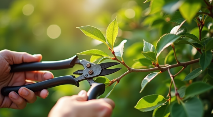 Mains de jardinier taillant un chèvrefeuille sain en plein jour