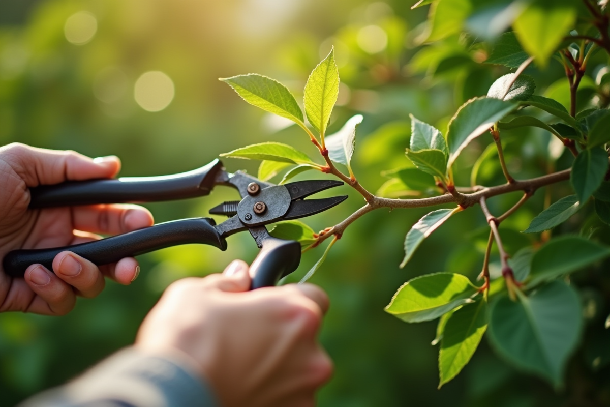 Mains de jardinier taillant un chèvrefeuille sain en plein jour