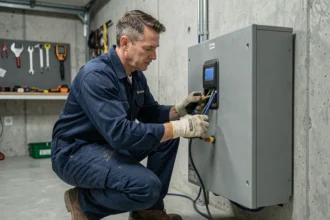 Technicien inspectant une batterie de stockage solaire murale dans un garage résidentiel