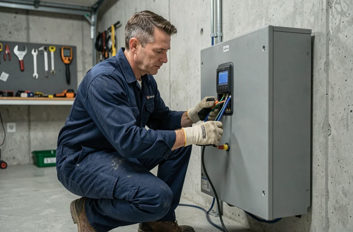 Technicien inspectant une batterie de stockage solaire murale dans un garage résidentiel