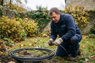Technicien inspectant des tuyaux de géothermie enterrés dans un jardin résidentiel en automne