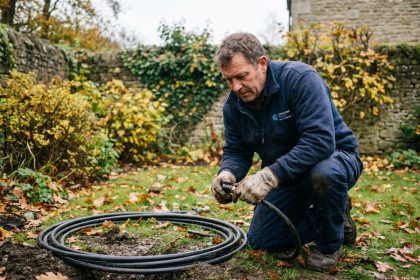 Technicien inspectant des tuyaux de géothermie enterrés dans un jardin résidentiel en automne