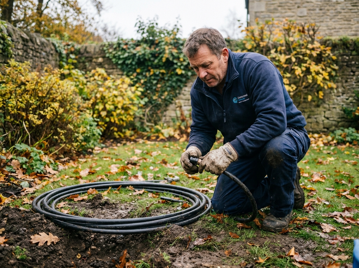 Technicien inspectant des tuyaux de géothermie enterrés dans un jardin résidentiel en automne