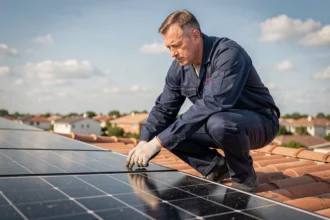 Technicien inspectant des panneaux photovoltaïques monocristallins sur un toit de maison individuelle