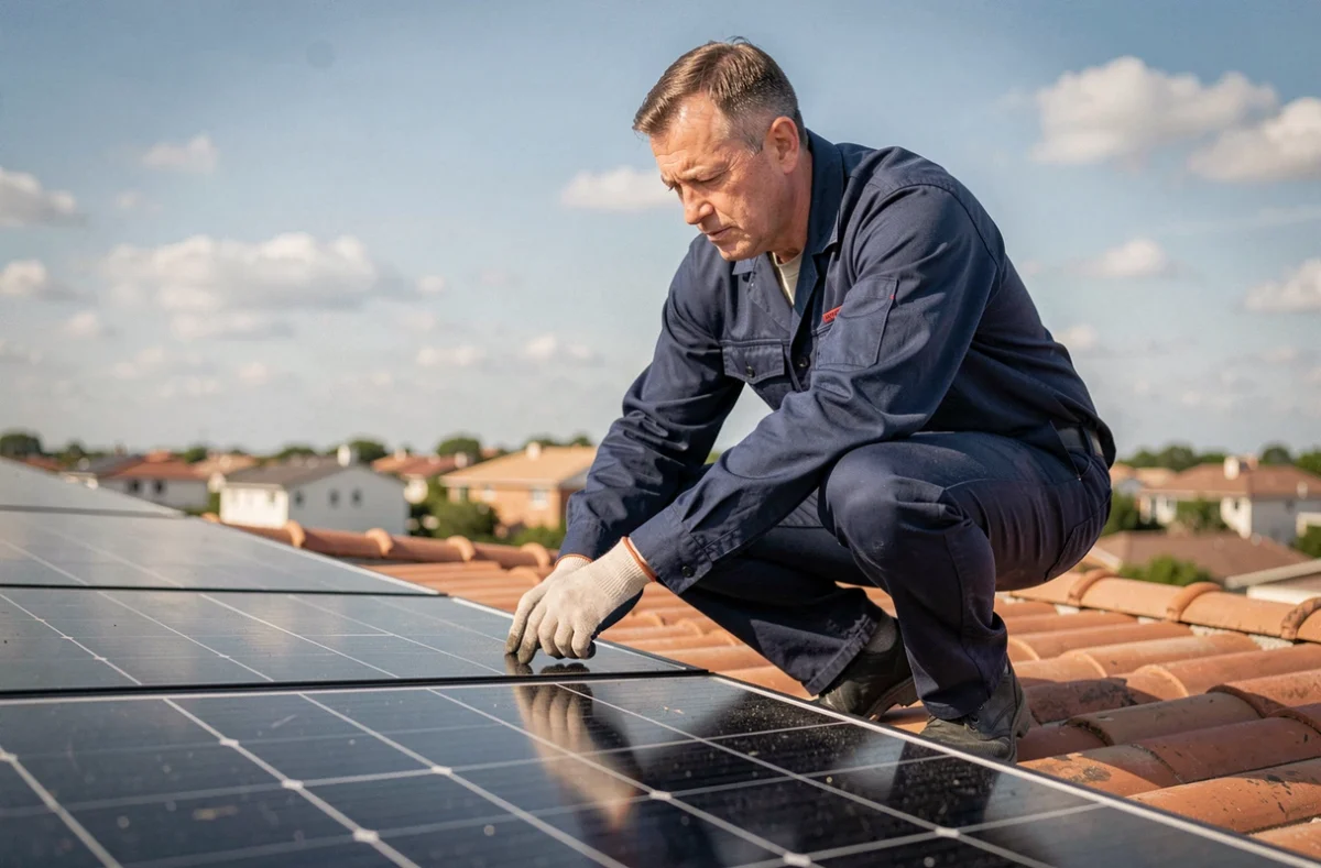 Technicien inspectant des panneaux photovoltaïques monocristallins sur un toit de maison individuelle