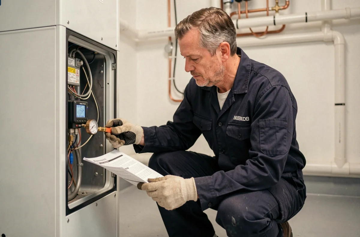 Technicien chauffagiste inspectant les paramètres d'une pompe à chaleur lors d'une installation résidentielle