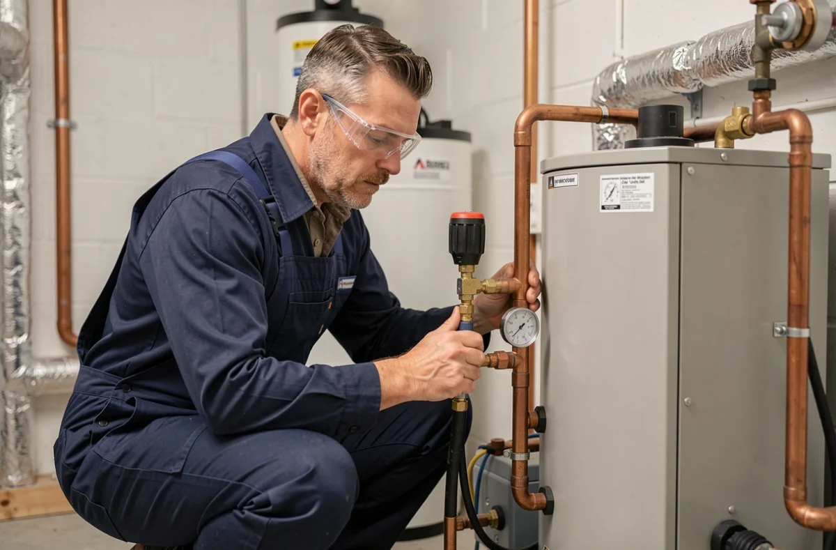 Technicien en train d'inspecter une pompe à chaleur air eau dans une chaufferie domestique