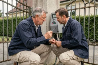 Technicien inspectant le moteur d'un portail électrique coulissant à l'entrée d'une maison individuelle