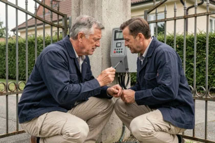 Technicien inspectant le moteur d'un portail électrique coulissant à l'entrée d'une maison individuelle
