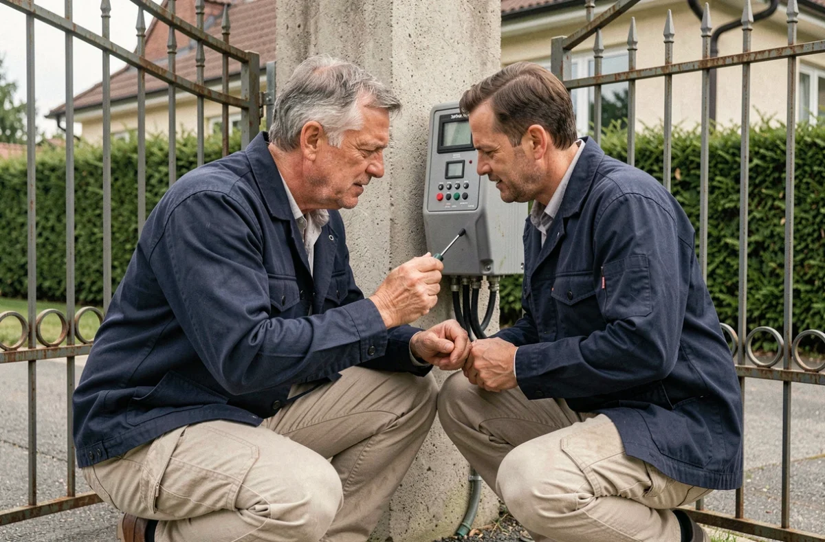 Technicien inspectant le moteur d'un portail électrique coulissant à l'entrée d'une maison individuelle