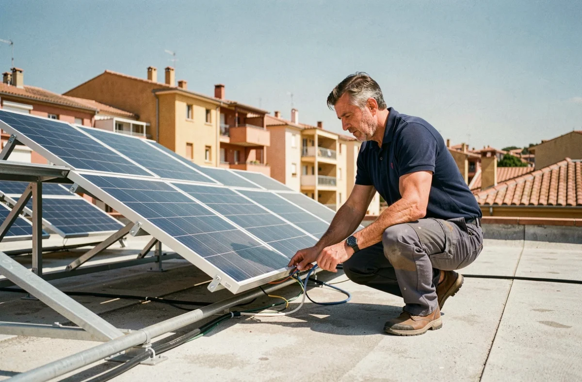 Technicien solaire inspectant le câblage de panneaux photovoltaïques sur un toit plat à Perpignan