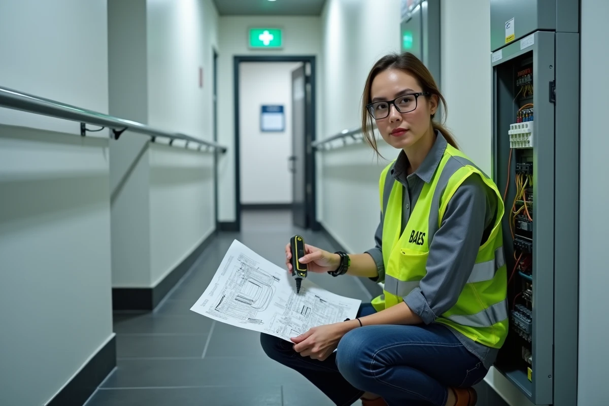 Technicienne électrique consultant un schéma de BAES dans une cage d'escalier commerciale