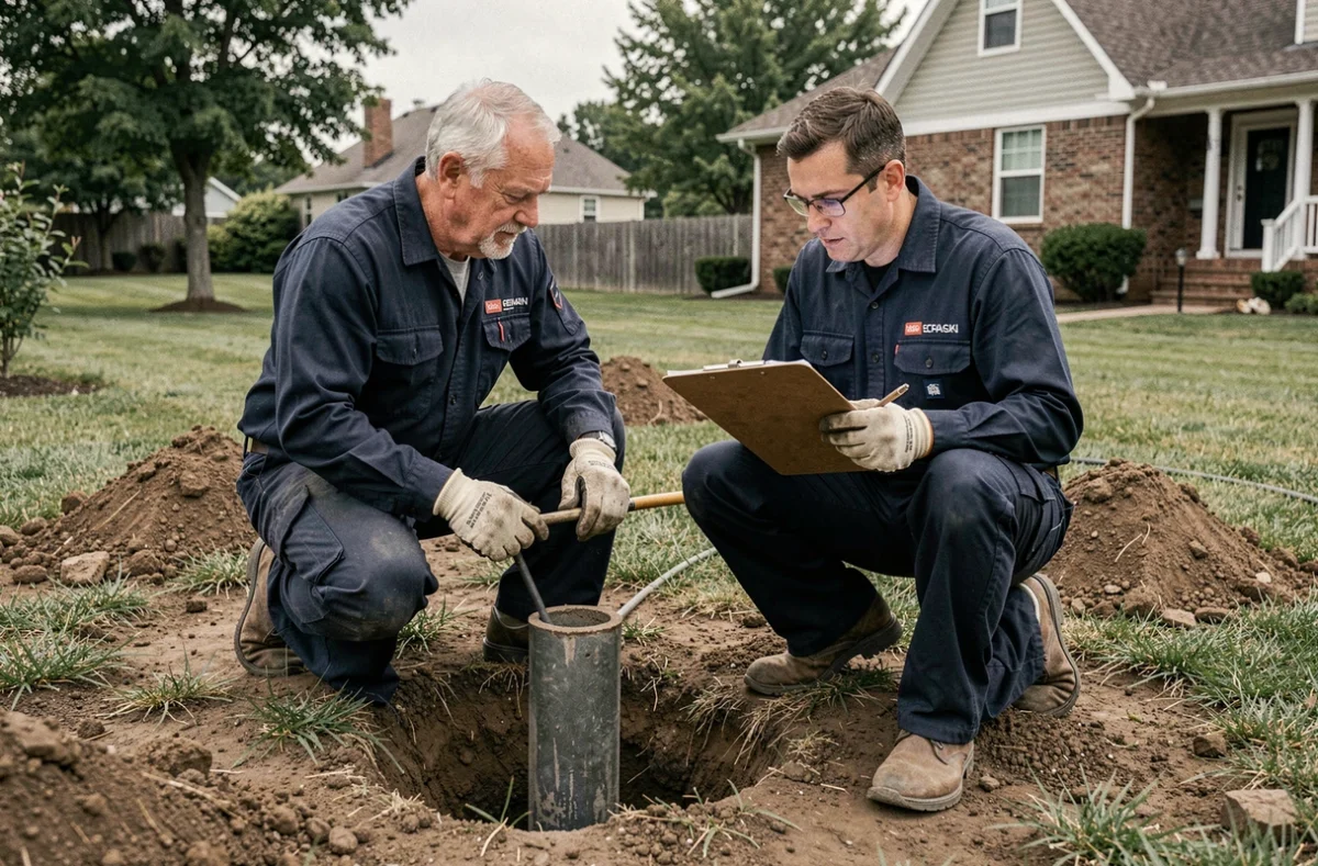 Techniciens inspectant un forage géothermique en cour résidentielle pour l'installation d'une pompe à chaleur eau/eau