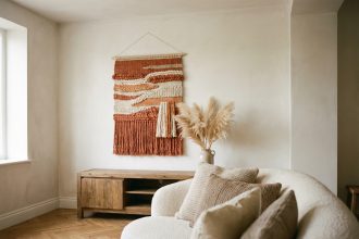 Tenture murale en tissage artisanal terracotta et crème au-dessus d'un buffet en bois dans un salon chaleureux aux tons neutres