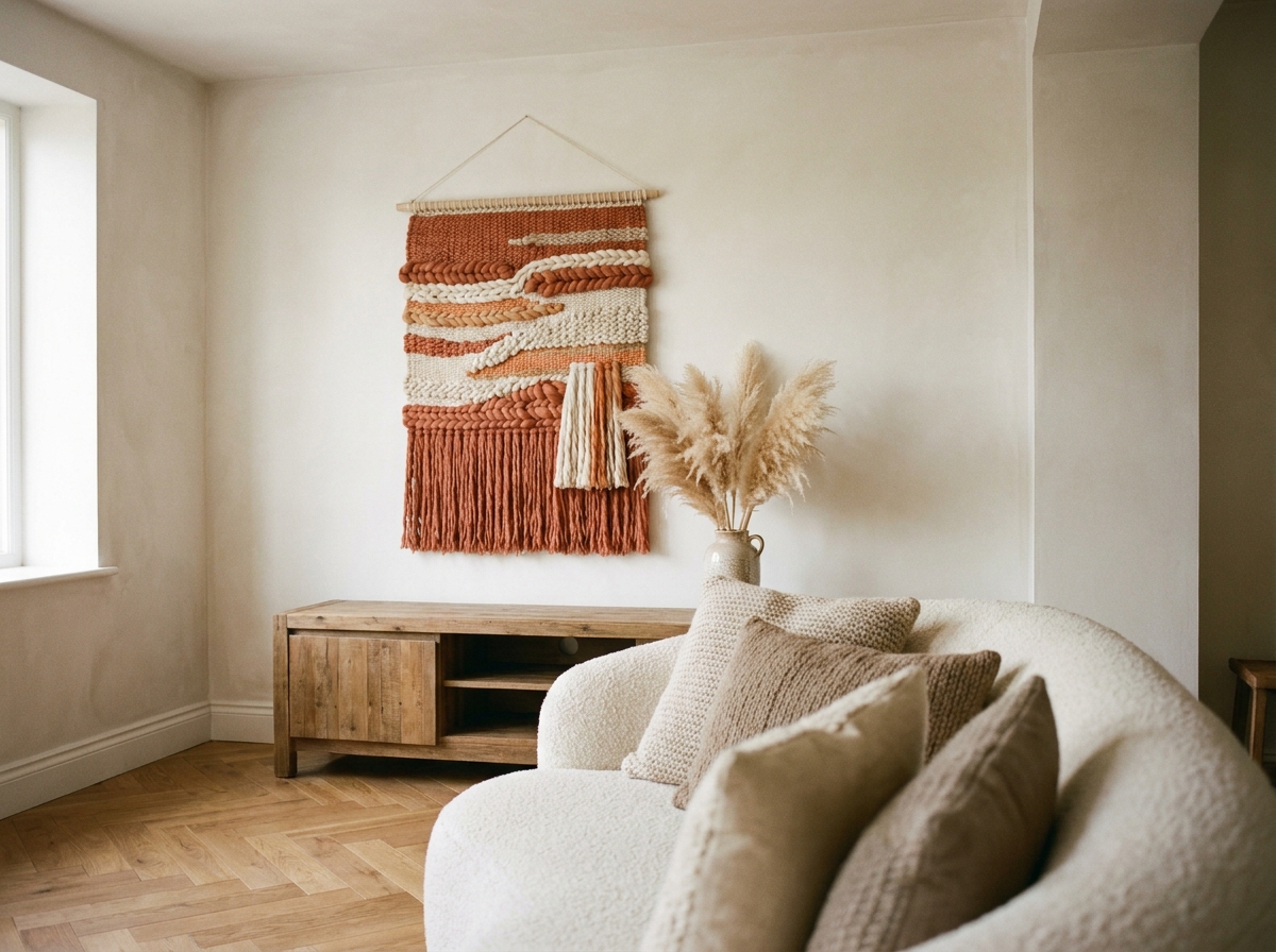 Tenture murale en tissage artisanal terracotta et crème au-dessus d'un buffet en bois dans un salon chaleureux aux tons neutres