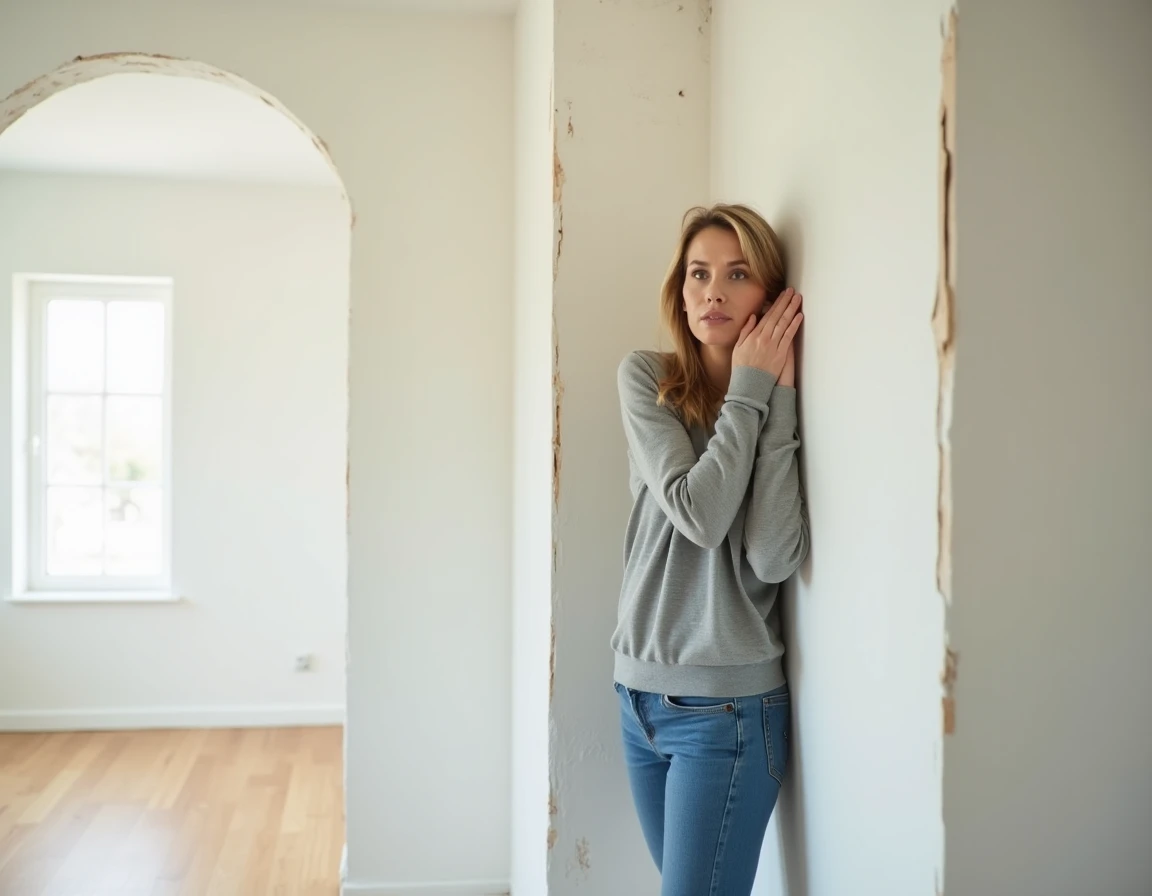 Femme testant l'isolation phonique d'une cloison en plâtre dans un appartement fraîchement rénové