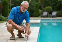 Comprendre le pH de l’eau de piscine : pourquoi est-ce crucial ? Homme testant le pH de la piscine extérieure