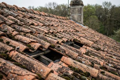 Toiture en tuiles vieillissantes avec mousses, fissures et tuiles manquantes, signes de fatigue visibles sur une maison résidentielle