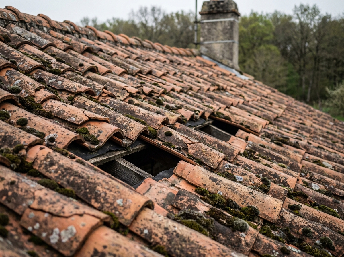 Toiture en tuiles vieillissantes avec mousses, fissures et tuiles manquantes, signes de fatigue visibles sur une maison résidentielle