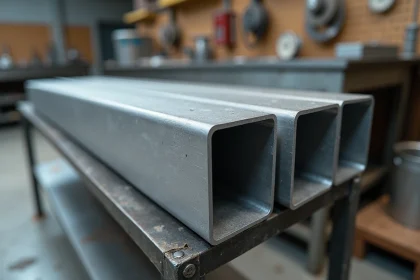 Tubes rectangulaires en aluminium empilés sur une étagère d'atelier métallique, profil creux visible, finition brossée industrielle