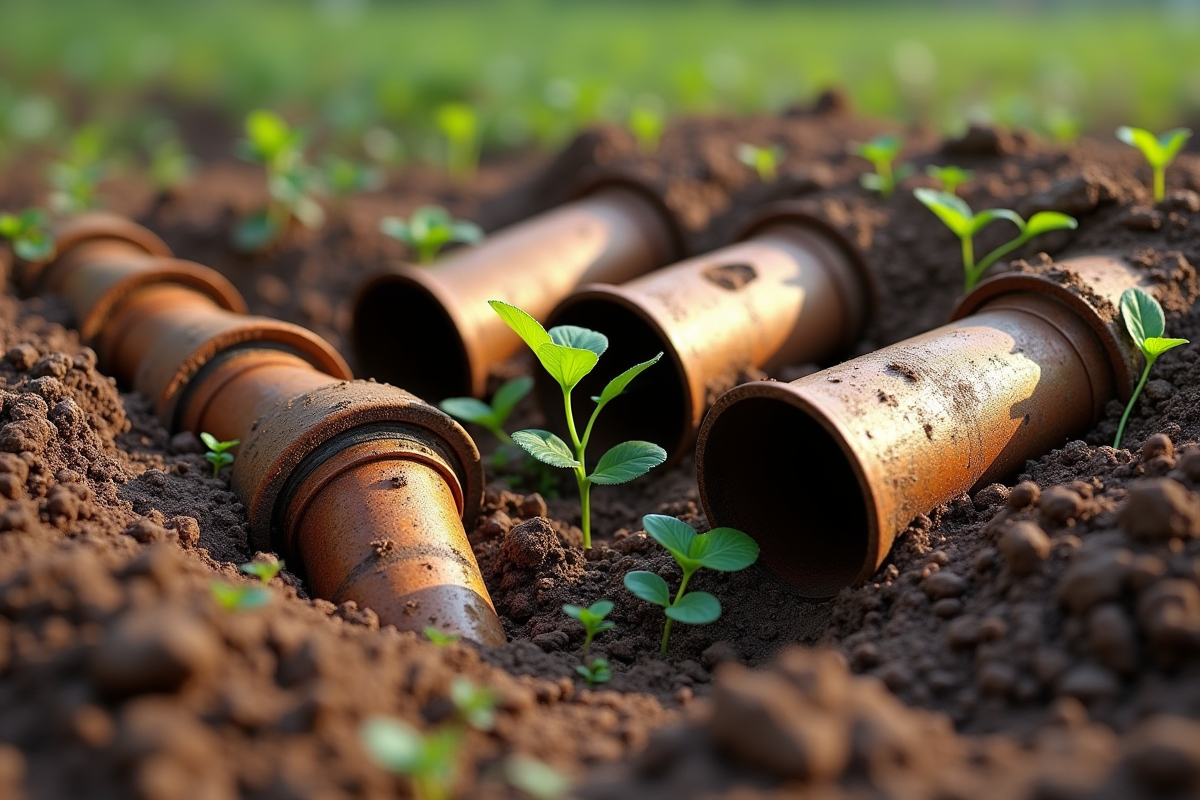 Tuyaux en bronze corrodé dans la terre avec des plantes vertes