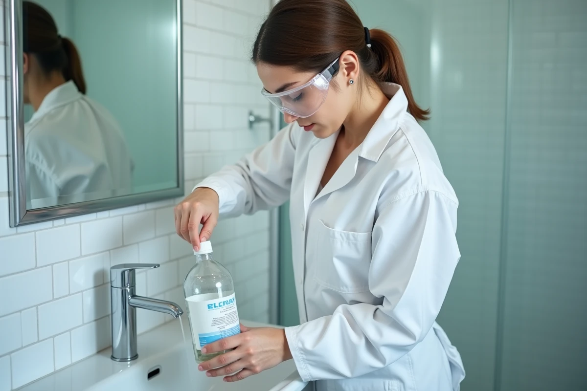 Femme équipée de lunettes de protection versant avec précaution un produit chimique déboucheur dans le siphon d'un lavabo
