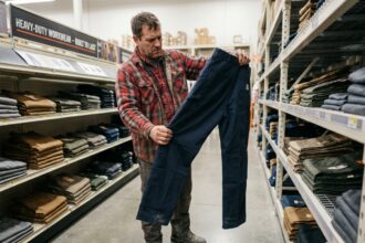 Ouvrier du bâtiment examinant les coutures et le tissu d'un pantalon de travail dans un magasin de vêtements professionnels