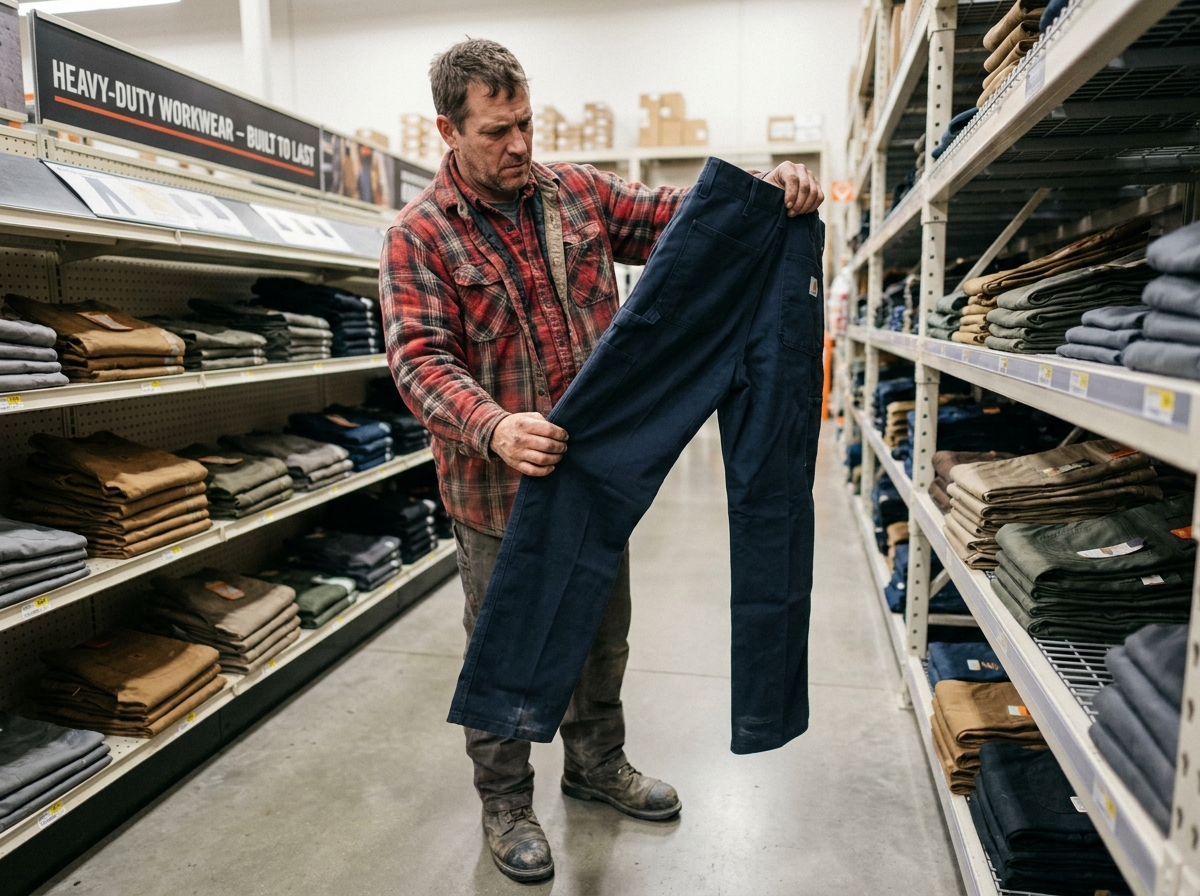 Ouvrier du bâtiment examinant les coutures et le tissu d'un pantalon de travail dans un magasin de vêtements professionnels